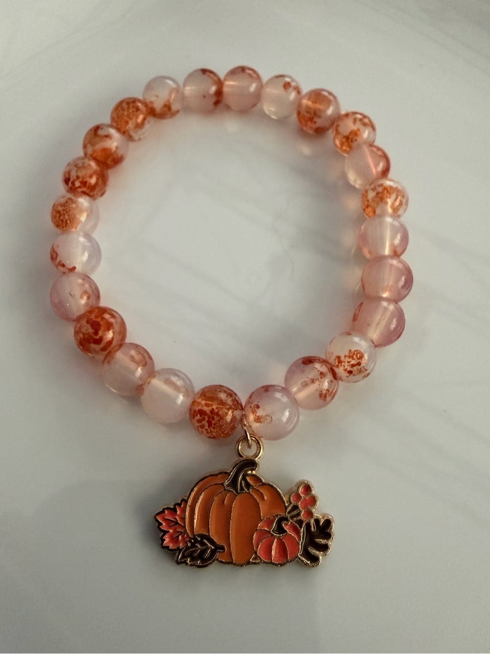 Fall Pumpkin Charm Beaded Bracelet in Pink and Orange Handmade Jewelry